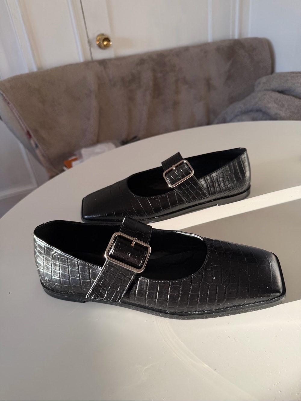 Tony Bianco Black Croc Mary Jane Flats with Silver Buckle Size 8